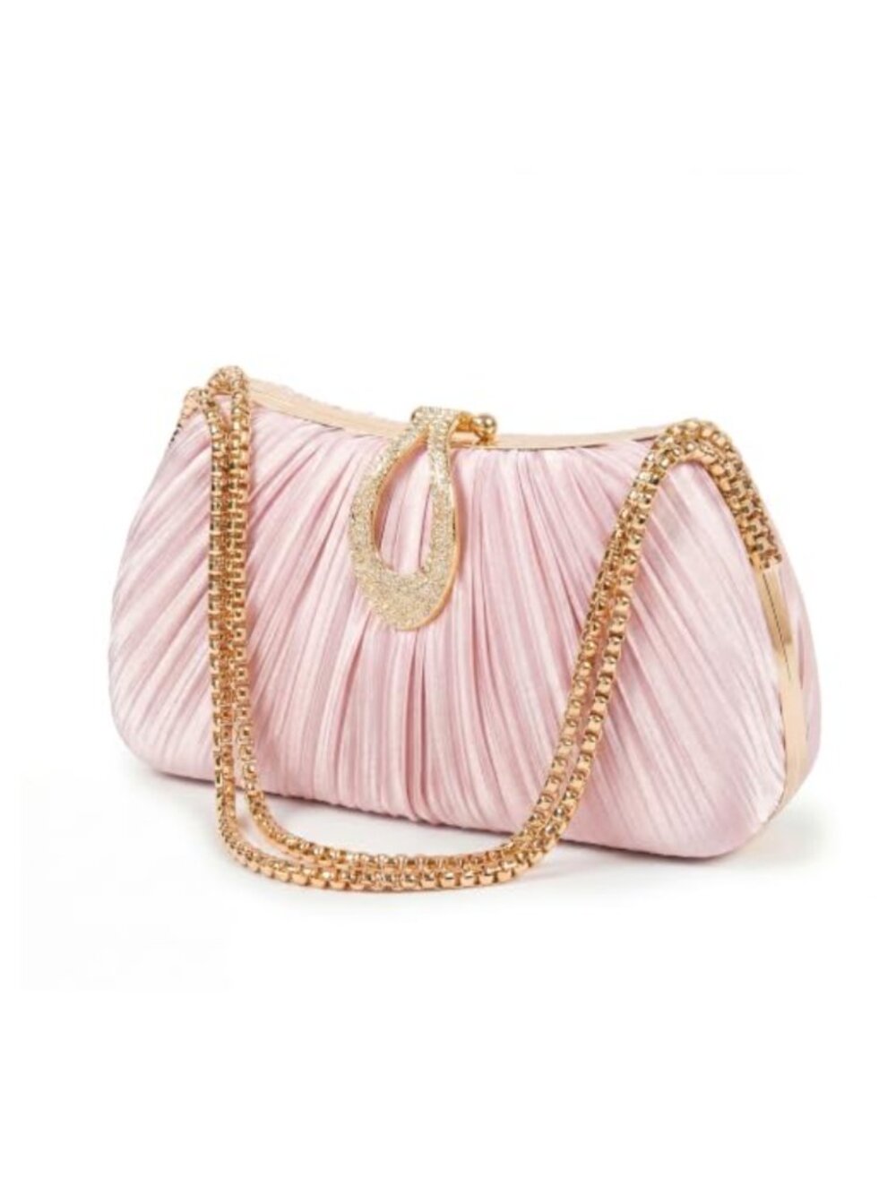 Pleated Satin Clutch Purse Rhinestone Clasp Detachable Chain Evening Bag
